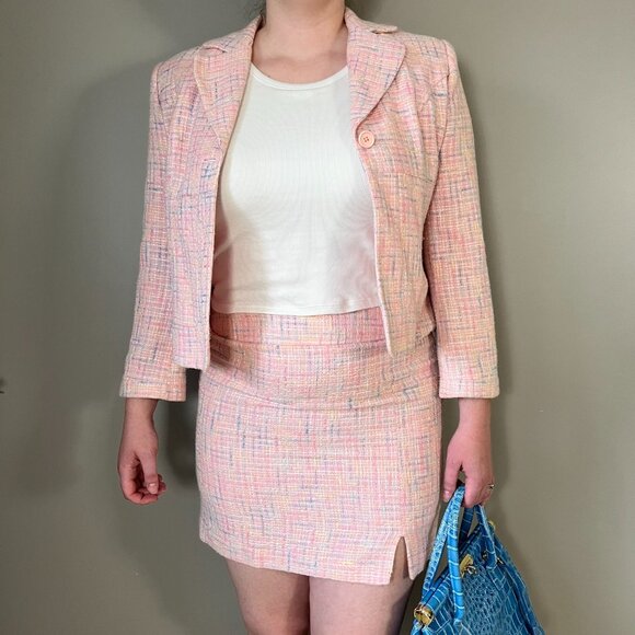 Y2K pink tweed skirt suit Set - Picture 1 of 10